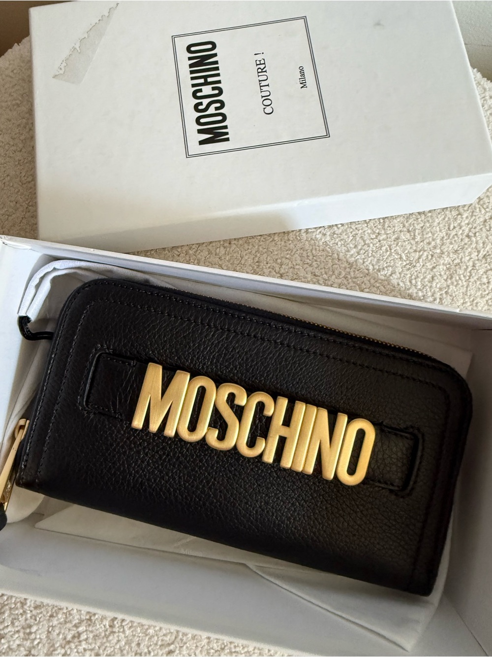 Moschino Black Leather Zip-Around Wallet with Gold Logo Plaque